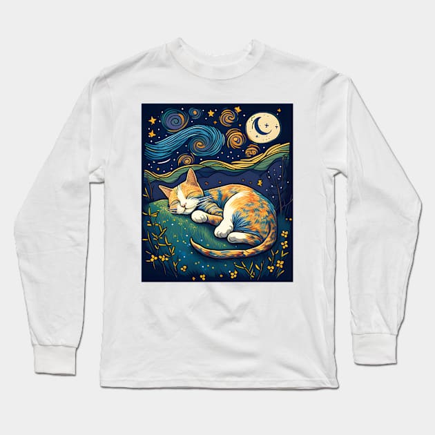 Starry Night Cat Van Cogh - Love Cats Long Sleeve T-Shirt by William Edward Husband